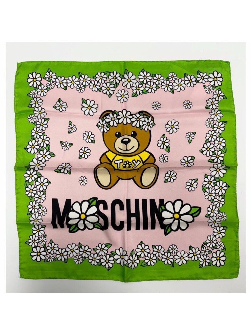 NWT MOSCHINO SCARF Toy TEDDY BEAR & Daisy SILK SQUARE Made in Italy Hand Rolled